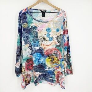 Ali Miles Crinkle Burnout Multicolor Abstract Embellished Blouse Top Size 3X